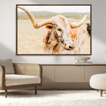 21060648-MGV-CV-36X24-Texas Longhorn Wall Art Canvas Print, Framed Speckled Cow Art Picture Print, Rustic Bull Perfect Rustic Western Decor Artwork