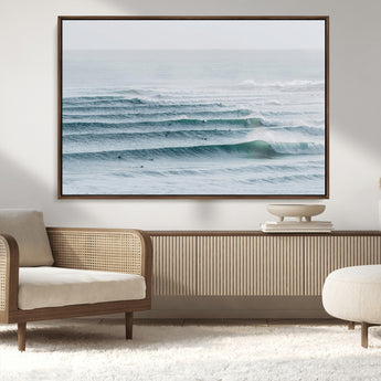 73969318-MGV-CV-36X24-Ocean Waves Wall Art Canvas Print, Framed Surfer Lineup Art Picture Print, Crowded Ocean Perfect Minimal Coastal Decor Artwork