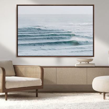 73969318-MGV-CV-36X24-Ocean Waves Wall Art Canvas Print, Framed Surfer Lineup Art Picture Print, Crowded Ocean Perfect Minimal Coastal Decor Artwork