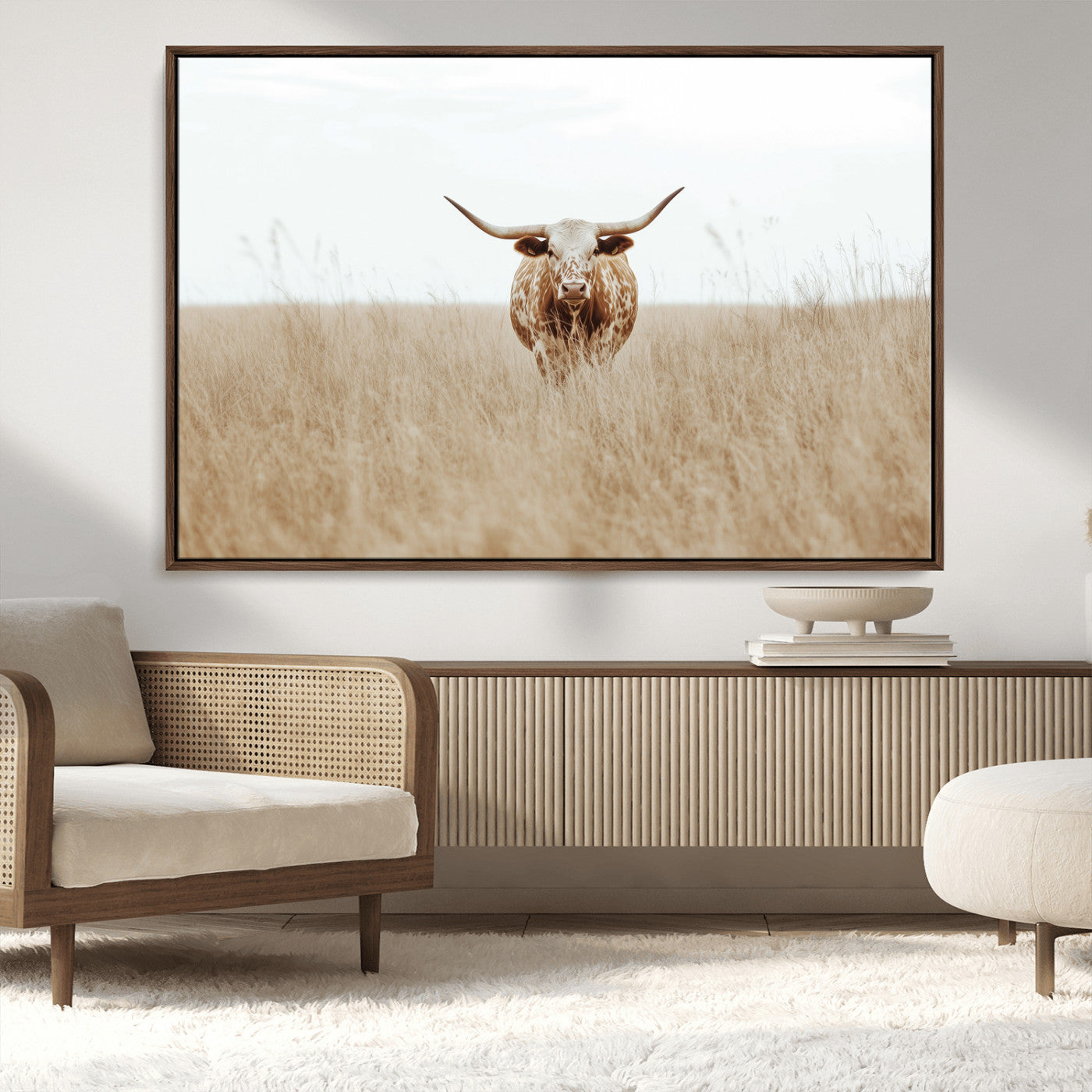 20927060-MGV-CV-36X24-Texas Longhorn Wall Art Canvas Print, Framed Lone Cattle Art Picture Print, Longhorn Bull Perfect Rustic Western Decor Artwork