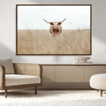 20927060-MGV-CV-36X24-Texas Longhorn Wall Art Canvas Print, Framed Lone Cattle Art Picture Print, Longhorn Bull Perfect Rustic Western Decor Artwork
