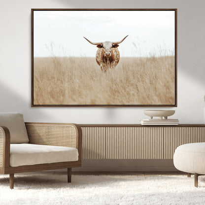 20927060-MGV-CV-36X24-Texas Longhorn Wall Art Canvas Print, Framed Lone Cattle Art Picture Print, Longhorn Bull Perfect Rustic Western Decor Artwork