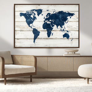 42865106-MGV-CV-36X24-World Map Wall Art – Rustic Blue and White Triptych Canvas for Modern Home or Office Decor, Coastal Style Wall Art for Living Room