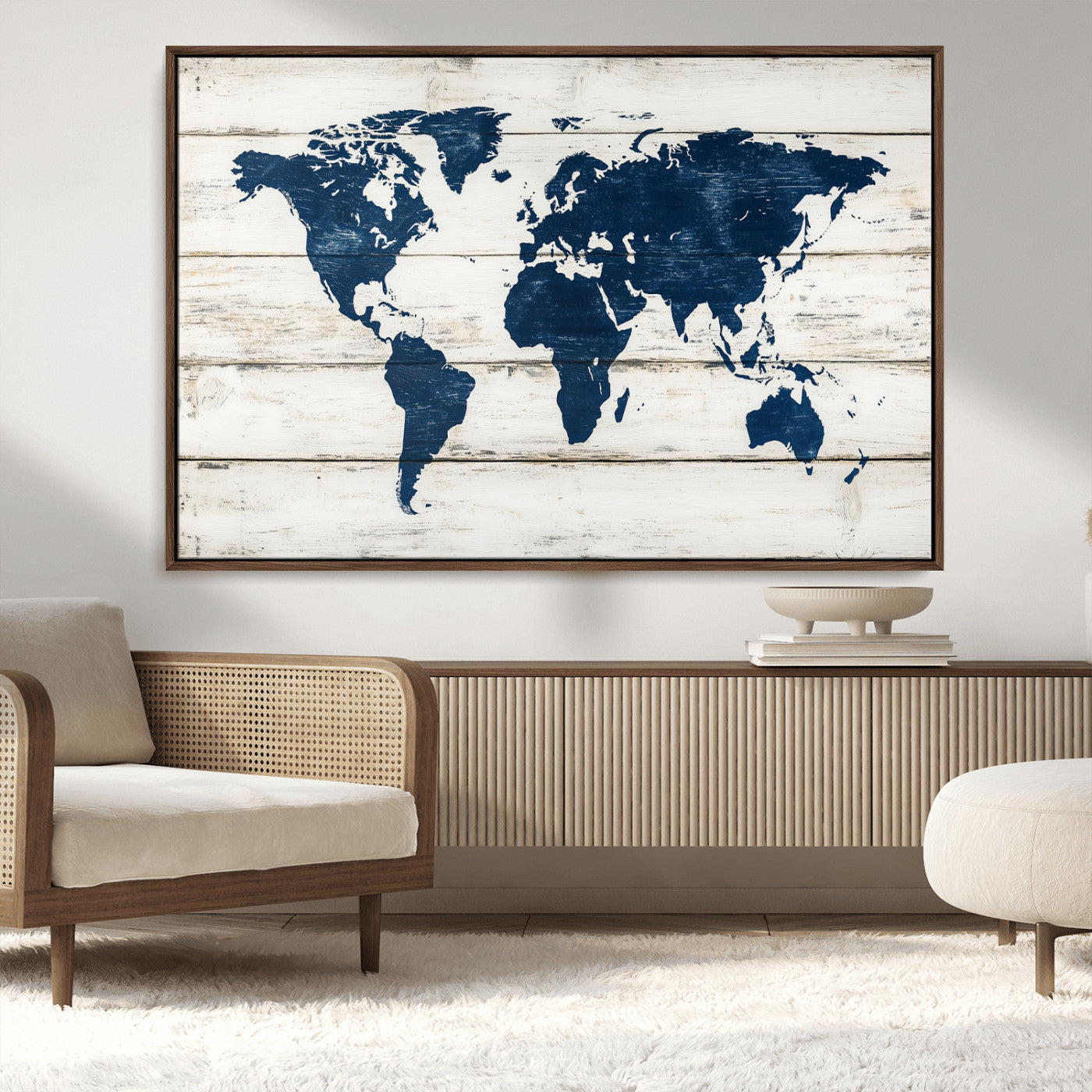 42865106-MGV-CV-36X24-World Map Wall Art – Rustic Blue and White Triptych Canvas for Modern Home or Office Decor, Coastal Style Wall Art for Living Room