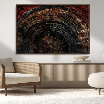 43686762-MGV-CV-36X24-Dark Wood Ring Wall Art Canvas Print, Framed Abstract Wood Tree Art Picture Print, Rustic Tree Slice Perfect Rustic Decor Artwork