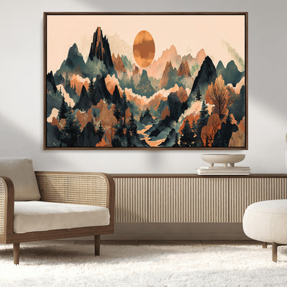 13012770-MGV-FC-36X24_Walnut-Mountain Landscape Wall Art – Modern Nature Canvas Print with Sun, Misty Peaks, and Forest in Orange and Green Tones for Living