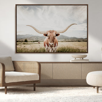 80054319-MGV-CV-36X24-Longhorn Wall Art – Rustic Western Canvas Print, Majestic Bull Artwork for Farmhouse, Ranch or Living Room