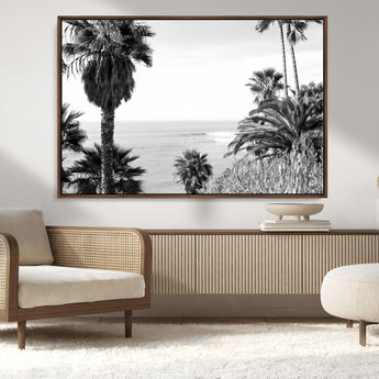 89458520-MGV-CV-36X24-Palm Trees Wall Art Canvas Print, Framed Coastal View Art Picture Print, Ocean Horizon Perfect Monochrome Coast Decor Artwork