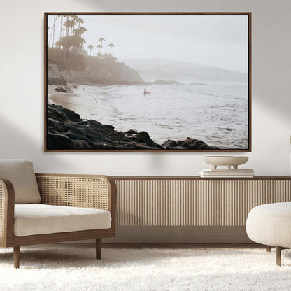 62501405-MGV-CV-36X24-Misty Beach Wall Art Canvas Print, Framed California Surfer Art Picture Print, Coastal Cliff Perfect Coastal Beach Decor Artwork