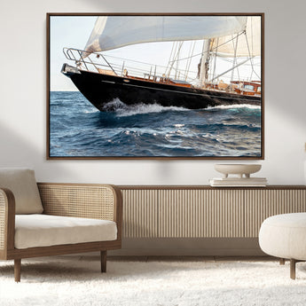 97168626-MGV-CV-36X24-Sailing Yacht Wall Art Canvas Print, Framed Wooden Yacht Art Picture Print, Ocean Waves Perfect Nautical Coastal Decor Artwork