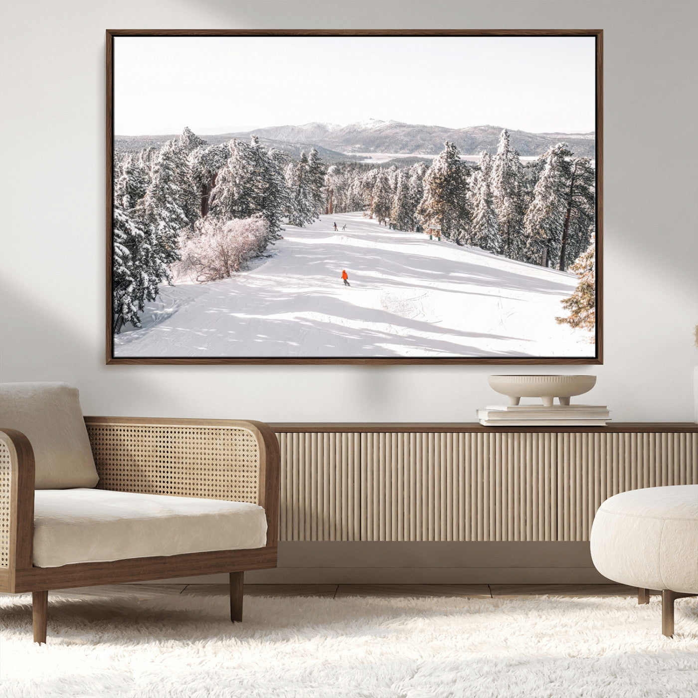 62119206-MGV-CV-36X24-Snowy Trail Wall Art Canvas Print, Framed Ski Slope Art Picture Print, Winter Pines Perfect Alpine Adventure Decor Artwork