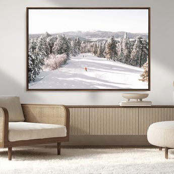 62119206-MGV-CV-36X24-Snowy Trail Wall Art Canvas Print, Framed Ski Slope Art Picture Print, Winter Pines Perfect Alpine Adventure Decor Artwork