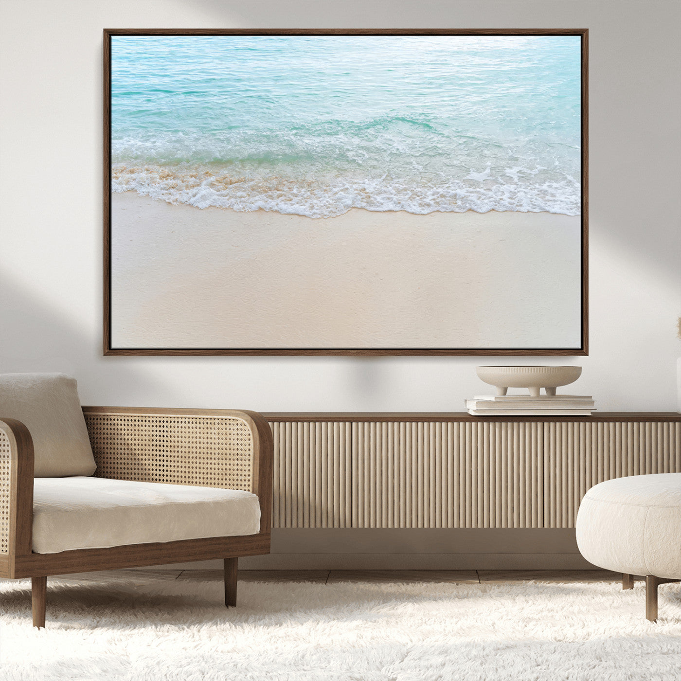 77194056-MGV-CV-36X24-Soft Shoreline Wall Art Canvas Print, Framed Gentle Waves Art Picture Print, Clear Water Perfect Minimalist Coastal Decor Artwork