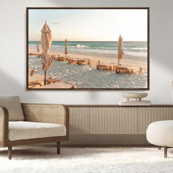58507949-MGV-CV-36X24-Beach Umbrellas Wall Art Canvas Print, Framed Empty Loungers Art Picture Print, Soft Sand Perfect Minimalist Seaside Decor Artwork