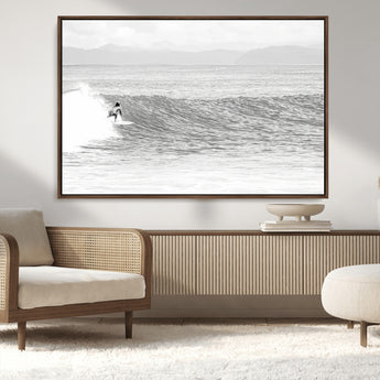 81535128-MGV-CV-36X24-Surfer Woman Wall Art Canvas Print, Framed Black Ocean Art Picture Print, Ocean Surfing Perfect Monochrome Coastal Decor Artwork