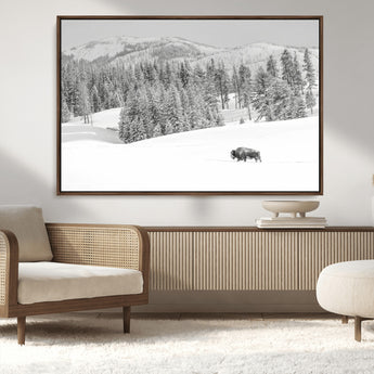 68081143-MGV-FC-36X24_Walnut-Snowy Bison Wall Art Canvas Print, Framed Winter Forest Art Picture Print, Lone Bison Perfect Monochrome Winter Wild Decor Artwork