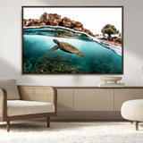 44200301-MGV-CV-36X24-Sea Turtle Swim Wall Art Canvas Print, Framed Ocean Life Art Picture Print, Tropical Shoreline Perfect Tropical Coastal Decor
