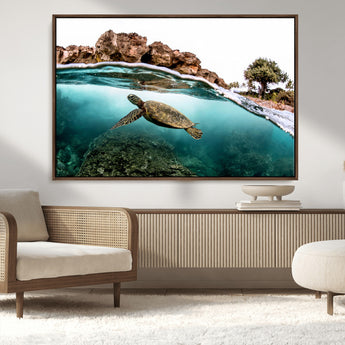 44200301-MGV-CV-36X24-Sea Turtle Swim Wall Art Canvas Print, Framed Ocean Life Art Picture Print, Tropical Shoreline Perfect Tropical Coastal Decor