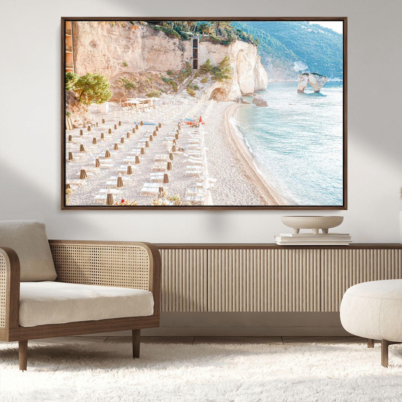84816639-MGV-FC-36X24_Walnut-Mediterranean Beach Wall Art Canvas Print, Framed Airy Coastal Art Picture Print, Summer Shore Perfect Coastal Retreat Decor