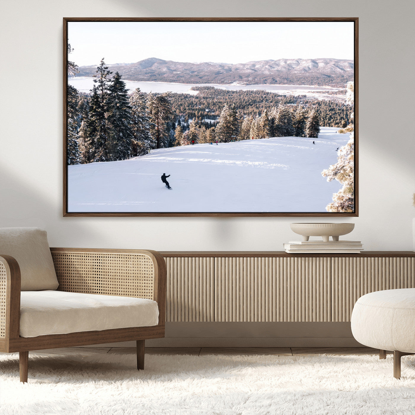 79857868-MGV-FC-36X24_Walnut-Snowy Mountain Wall Art Canvas Print, Framed Ski Slope Art Picture Print, Winter Forest Perfect Modern Rustic Decor Artwork