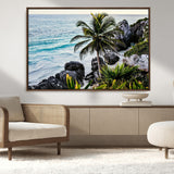 94669907-MGV-CV-36X24-Tropical Coastline Wall Art Canvas Print, Framed Palm Tree Art Picture Print, Rocky Beach Perfect Tropical Coastal Decor Artwork