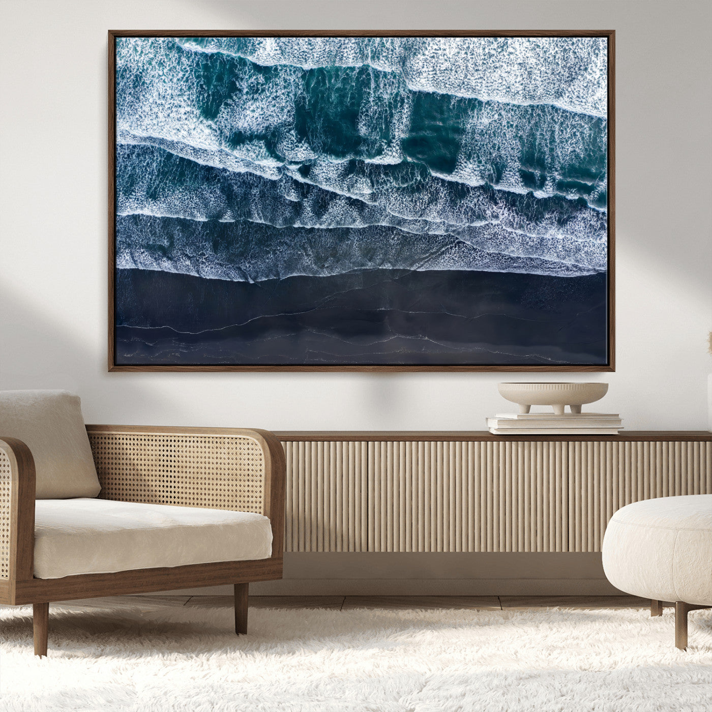 87941475-MGV-FC-36X24_Walnut-Black Beach Wall Art Canvas Print, Framed Aerial Ocean Art Picture Print, Moody Coastal Perfect Modern Coastal Decor Artwork
