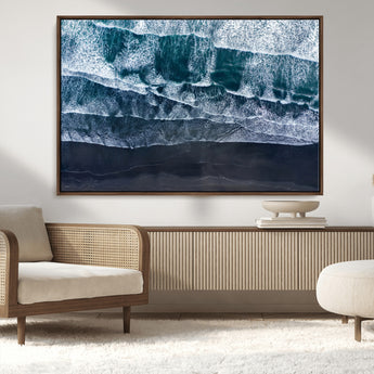 87941475-MGV-FC-36X24_Walnut-Black Beach Wall Art Canvas Print, Framed Aerial Ocean Art Picture Print, Moody Coastal Perfect Modern Coastal Decor Artwork