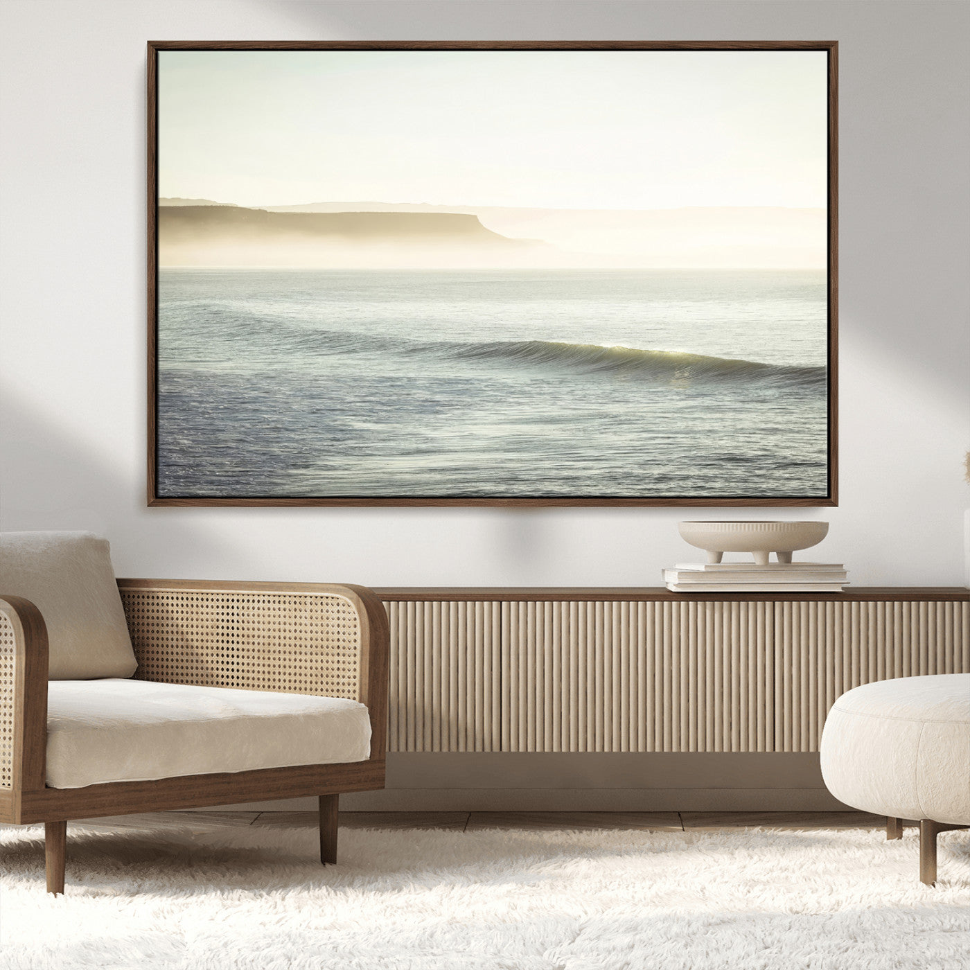 39310633-MGV-CV-36X24-Coastal Cliffs Wall Art Canvas Print, Framed Misty Ocean Art Picture Print, Morning Light Perfect Minimalistic Coastal Decor