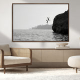 52284302-MGV-FC-36X24_Walnut-Cliff Jumping Wall Art Canvas Print, Framed Ocean Adventure Art Picture Print, Black White Coast Perfect Modern Coastal Decor