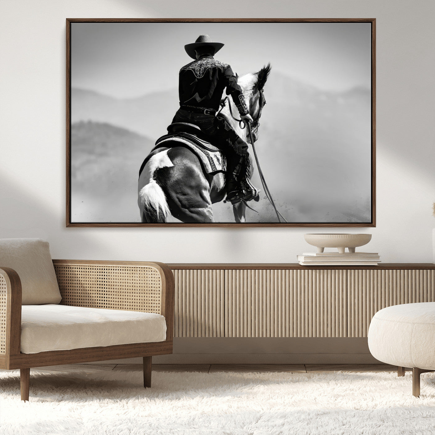 83102464-MGV-CV-36X24-Western Cowboy Wall Art Canvas Print, Framed Monochrome Horse Art Picture Print, Western Equestrian Perfect Rustic Western Decor