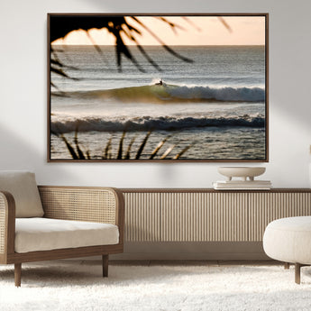 24896468-MGV-FC-36X24_Walnut-Sunset Surf Wall Art Canvas Print, Framed Golden Waves Art Picture Print, Tropical Ocean Perfect Tropical Boho Decor Artwork