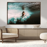 85923512-MGV-CV-36X24-Aquatic Motion Wall Art Canvas Print, Framed Underwater Swimming Art Picture Print, Female Surfer Diving Perfect Coastal Boho