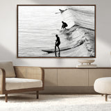 19875284-MGV-FC-36X24_Walnut-Surfer Waves Wall Art Canvas Print, Framed Black White Surf Art Picture Print, Monochrome Ocean Perfect Modern Coastal Decor
