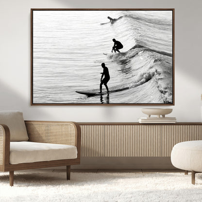 19875284-MGV-FC-36X24_Walnut-Surfer Waves Wall Art Canvas Print, Framed Black White Surf Art Picture Print, Monochrome Ocean Perfect Modern Coastal Decor
