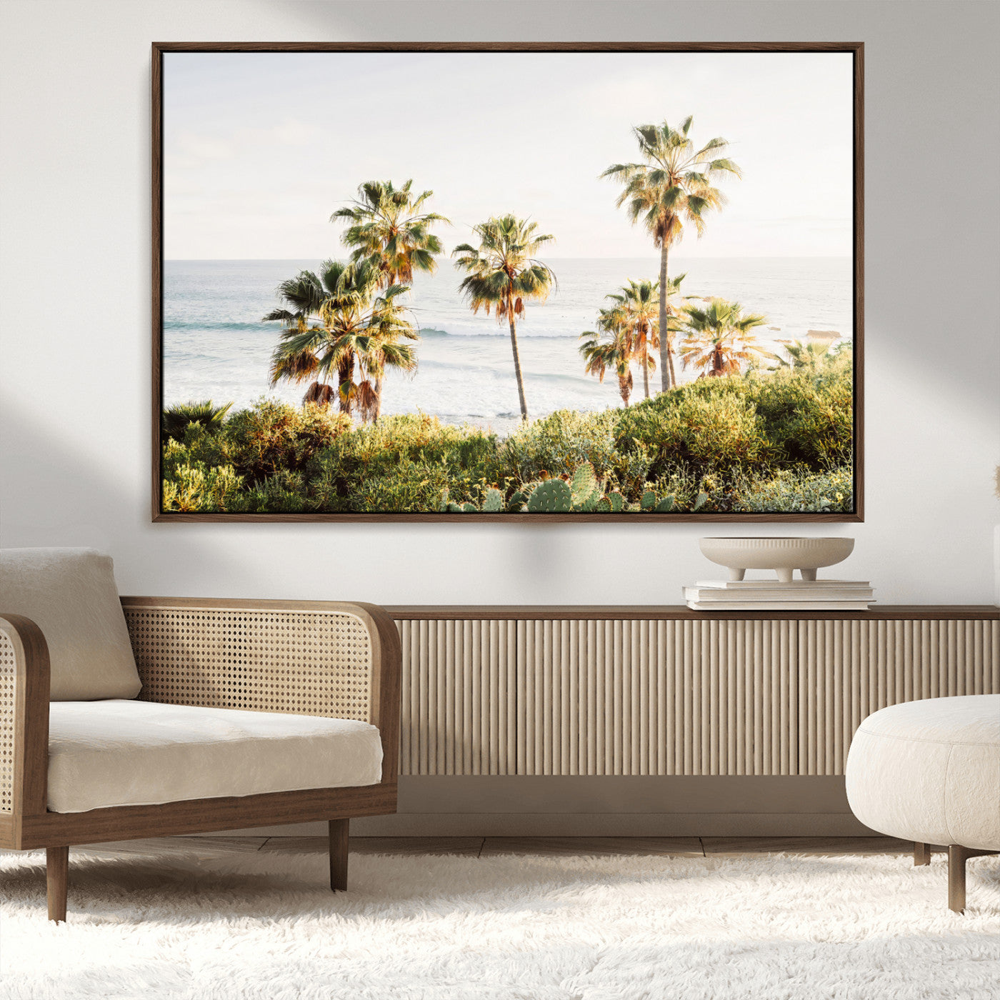 94707294-MGV-FC-36X24_Walnut-California Coast Wall Art Canvas Print, Framed Palm Trees Art Picture Print, Coastal Landscape Perfect Coastal Minimalist Decor