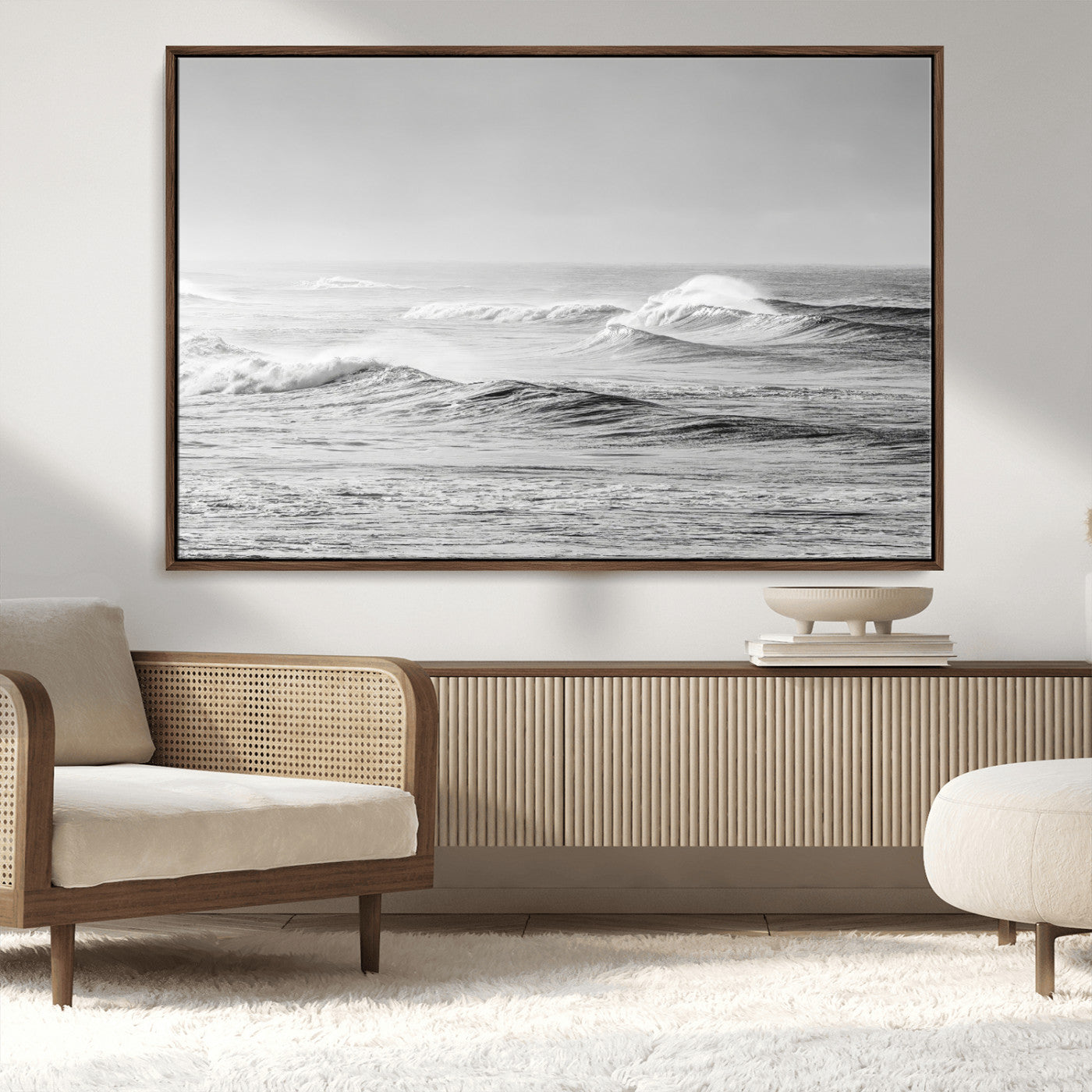 98634812-MGV-CV-36X24-Black and White Ocean Waves Wall Art – Minimalist Sea Canvas Print, Coastal Photography Decor for Living Room, Bedroom or Office