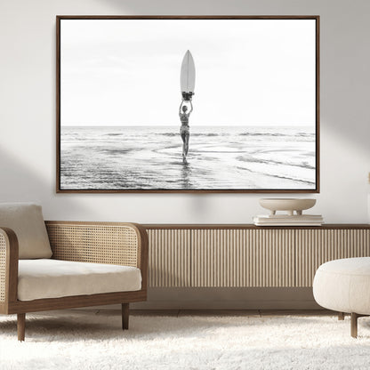 98446901-MGV-CV-36X24-Monochrome Surf Wall Art Canvas Print, Framed Minimalist Surfer Art Picture Print, Surfboard Silhouette Perfect Coastal Minimalist