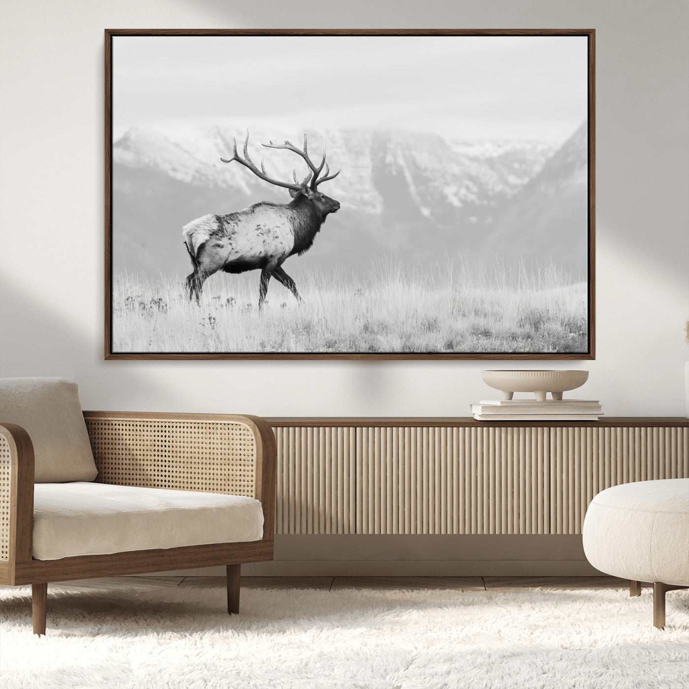 62278753-MGV-FC-36X24_Walnut-Monochrome Elk Wall Art Canvas Print, Framed Mountain Wildlife Art Picture Print, Rustic Nature Perfect Rustic Minimalist Decor