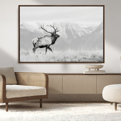 62278753-MGV-FC-36X24_Walnut-Monochrome Elk Wall Art Canvas Print, Framed Mountain Wildlife Art Picture Print, Rustic Nature Perfect Rustic Minimalist Decor