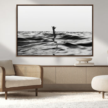 69541918-MGV-CV-36X24-Black White Ocean Wall Art Canvas Print, Framed Moody Seascape Art Picture Print, Surfer Sign Perfect Moody Minimalist Decor