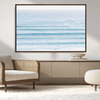 77145995-MGV-CV-36X24-Ocean Simplicity Wall Art Canvas Print, Framed Surfer on Water Art Picture Print, Light Blue Perfect Coastal Minimalist Decor