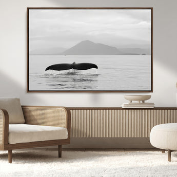 30524220-MGV-CV-36X24-Whale Tail Wall Art Canvas Print, Framed Black White Ocean Art Picture Print, Calm Marine Perfect Minimalist Coastal Decor Artwork