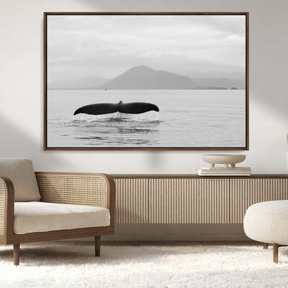 30524220-MGV-CV-36X24-Whale Tail Wall Art Canvas Print, Framed Black White Ocean Art Picture Print, Calm Marine Perfect Minimalist Coastal Decor Artwork