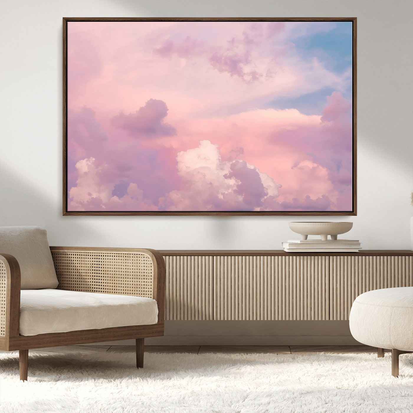 22874890-MGV-FC-36X24_Walnut-Pastel Sky Wall Art Canvas Print, Framed Dreamy Cloudscape Art Picture Print, Sunset Glow Perfect Minimalist Serenity Decor