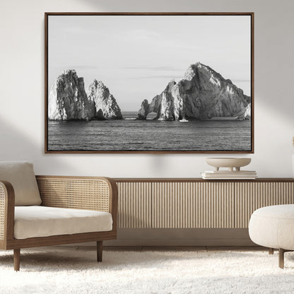 18810731-MGV-CV-36X24-Rugged Coastline Wall Art Canvas Print, Framed Ocean Cliffs Art Picture Print, Monochrome Seascape Perfect Coastal Minimalist