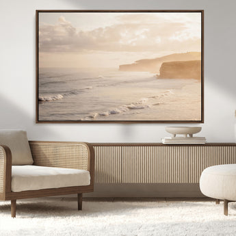 57669769-MGV-CV-36X24-Misty Coastal Wall Art Canvas Print, Framed Golden Sunset Art Picture Print, Serene Shoreline Perfect Tranquil Coastal Decor