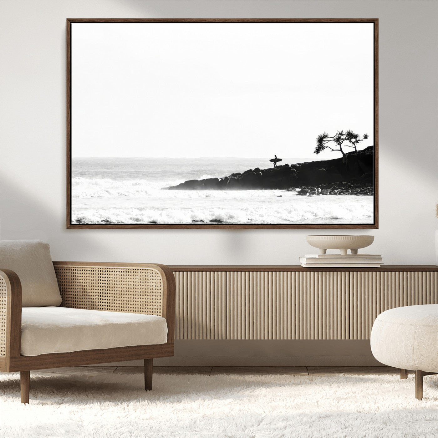 40875891-MGV-FC-36X24_Walnut-SurferCliffs Wall Art Canvas Print, Framed Black White Beach Art Picture Print, Ocean Waves Perfect Minimalist Coastal Decor