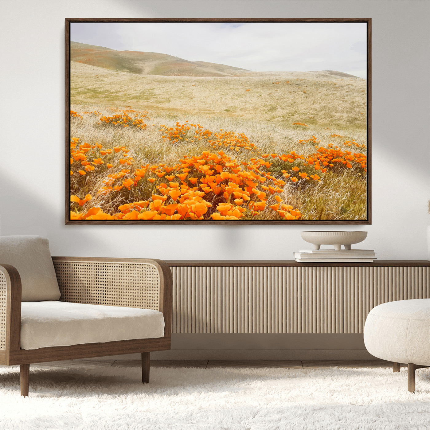28972262-MGV-CV-36X24-Golden Wildflowers Wall Art Canvas Print, Framed Hills Bloom Art Picture Print, Poppy Meadow Perfect Rustic Nature Decor Artwork