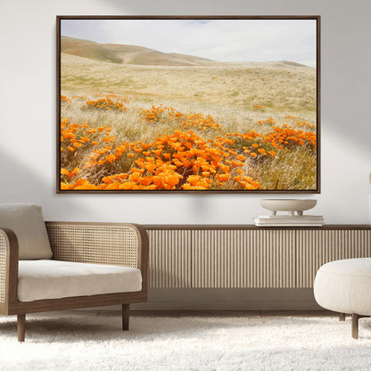 28972262-MGV-CV-36X24-Golden Wildflowers Wall Art Canvas Print, Framed Hills Bloom Art Picture Print, Poppy Meadow Perfect Rustic Nature Decor Artwork