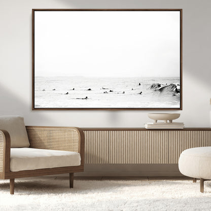 38441169-MGV-FC-36X24_Walnut-Monochrome Swimming Wall Art Canvas Print, Framed Ocean Horizon Art Picture Print, Moody Coastal Perfect Minimalist Coastal Decor